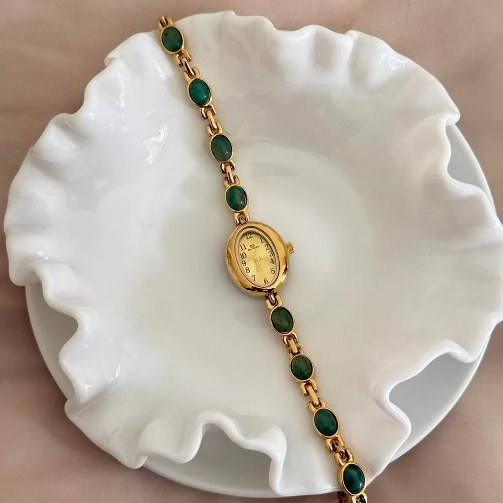 Dainty Gold and Green Stone Y2k stainless steel quartz charm watch